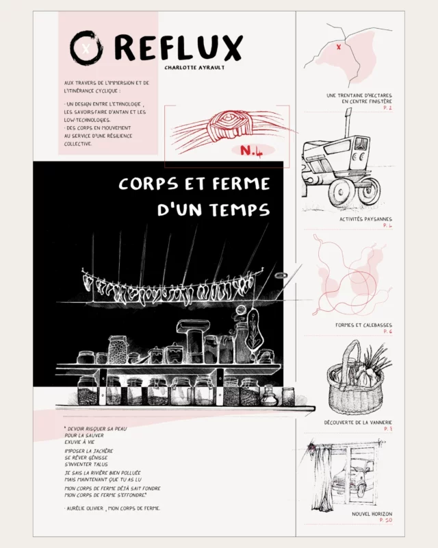Journaux Reflux, extraits, 2024.
[corps et ferme d'un temps]

Pendant deux années, j’ai concilié mon mode de vie et ma recherche en design. J’avais besoin d’une pratique de design qui soit immersive et ancrée sur le terrain, d’habiter les lieux où j’interroge des problématiques d’usages et donc de cohabiter au sein de besoins d’usage qui deviennent communs. Une manière de devenir habitante intermittente des projets en faisant partie des usager.ère.s. 

L'été 2021, j'achète un camion que j'aménage pour y vivre à l'année. Ce camion devient l’outil qui permet l’immersion puis qui, petit à petit, efface toutes les règles et méthodologies habituelles en design. [...] 

Dans cette démarche, je voulais partir à la rencontre de lieux collectifs et de leurs habitant.e.s, questionner le vivre ensemble, le co-faire [...] Mettre en récit des modes de vie qui rendent l’humain moins dominant. [...] Expérimenter et raconter ce qu’être designeuse de terrain insoupçonnée qui s’annonce à la frontière entre l’artisanat et l’ethnologie improvisée [...] chuchoter le design, faire du design sans parler de design [...] valoriser l’anecdotique, œuvrer pour un récit collectif, donner forme et à voir. [...] Au travers de ce tournant, plusieurs journaux racontent cette recherche sur les routes. Chacun des numéros se focalise sur une zone précise côtoyée. [...]

Alain Findelin dit : « La fin ou le but du design est d’améliorer ou au moins de maintenir l’habitabilité du monde dans toutes ses dimensions. » Sur la route, le design s’intensifie tout en s’estompant. Car le design se vit et s’habite. Car sur les routes, le design m’est devenu un métier de vivre en habitant ce monde différemment. Le design, c’est dessiner pour un dessein en devenir, au regard de l’instabilité dans laquelle on évolue. Faire du design, c’est donc faire politique en tant qu’actes. Mais faire du design, ce devrait être pensé avec tout le monde [...] 

Pour découvrir l'intégralité des journaux Reflux, l'intention de cette recherche, le mémoire d'étude questionnant le mouvement : https://charlotteayrault.fr/reflux/

- le nom du journal tient compte d'une volonté d'anonymat du lieu.

#journal #design #itinérance #escale