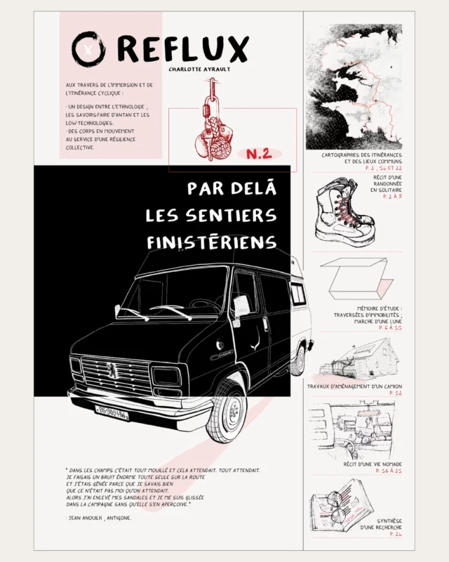 Journaux Reflux, extraits, 2024.
[par delà les sentiers finistériens]

Pendant deux années, j’ai concilié mon mode de vie et ma recherche en design. J’avais besoin d’une pratique de design qui soit immersive et ancrée sur le terrain, d’habiter les lieux où j’interroge des problématiques d’usages et donc de cohabiter au sein de besoins d’usage qui deviennent communs. Une manière de devenir habitante intermittente des projets en faisant partie des usager.ère.s.

L'été 2021, j'achète un camion que j'aménage pour y vivre à l'année. Ce camion devient l’outil qui permet l’immersion puis qui, petit à petit, efface toutes les règles et méthodologies habituelles en design. [...]

Dans cette démarche, je voulais partir à la rencontre de lieux collectifs et de leurs habitant.e.s, questionner le vivre ensemble, le co-faire [...] Mettre en récit des modes de vie qui rendent l’humain moins dominant. [...] Expérimenter et raconter ce qu’être designeuse de terrain insoupçonnée qui s’annonce à la frontière entre l’artisanat et l’ethnologie improvisée [...] chuchoter le design, faire du design sans parler de design [...] valoriser l’anecdotique, œuvrer pour un récit collectif, donner forme et à voir. [...] Au travers de ce tournant, plusieurs journaux racontent cette recherche sur les routes. Chacun des numéros se focalise sur une zone précise côtoyée. [...]

Alain Findelin dit : « La fin ou le but du design est d’améliorer ou au moins de maintenir l’habitabilité du monde dans toutes ses dimensions. » Sur la route, le design s’intensifie tout en s’estompant. Car le design se vit et s’habite. Car sur les routes, le design m’est devenu un métier de vivre en habitant ce monde différemment. Le design, c’est dessiner pour un dessein en devenir, au regard de l’instabilité dans laquelle on évolue. Faire du design, c’est donc faire politique en tant qu’actes. Mais faire du design, ce devrait être pensé avec tout le monde [...] C’est ce que je tente de mettre en pratique durant mon itinérance.

Pour découvrir l'intégralité des journaux Reflux, l'intention de cette recherche, le mémoire d'étude questionnant le mouvement : https://charlotteayrault.fr/reflux/

#journal #design #itinérance