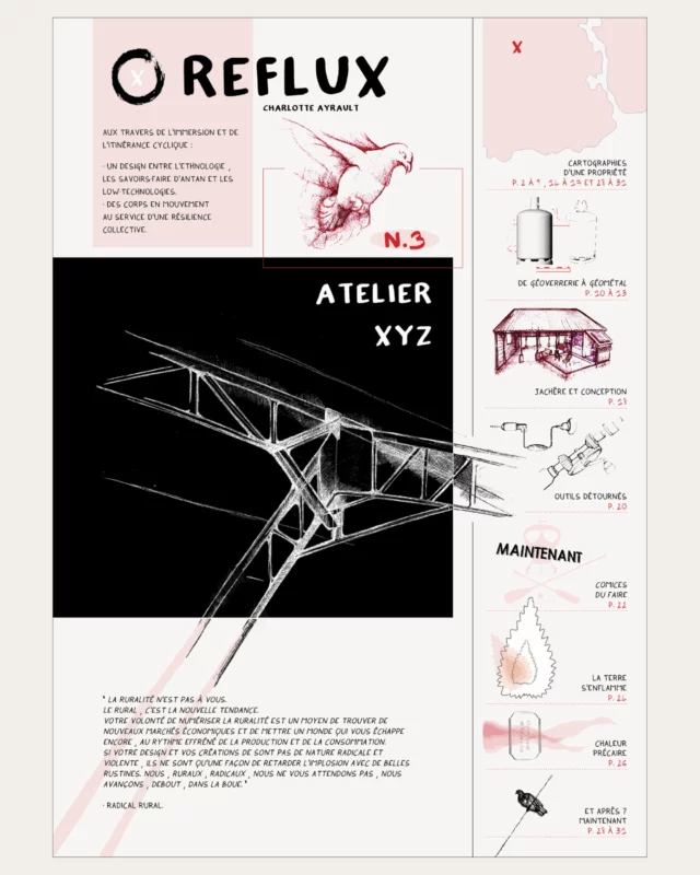 Journaux Reflux, extraits, 2024.
[atelier xyz]

Pendant deux années, j’ai concilié mon mode de vie et ma recherche en design. J’avais besoin d’une pratique de design qui soit immersive et ancrée sur le terrain, d’habiter les lieux où j’interroge des problématiques d’usages et donc de cohabiter au sein de besoins d’usage qui deviennent communs. Une manière de devenir habitante intermittente des projets en faisant partie des usager.ère.s.

L'été 2021, j'achète un camion que j'aménage pour y vivre à l'année. Ce camion devient l’outil qui permet l’immersion puis qui, petit à petit, efface toutes les règles et méthodologies habituelles en design. [...]

Dans cette démarche, je voulais partir à la rencontre de lieux collectifs et de leurs habitant.e.s, questionner le vivre ensemble, le co-faire [...] Mettre en récit des modes de vie qui rendent l’humain moins dominant. [...] Expérimenter et raconter ce qu’être designeuse de terrain insoupçonnée qui s’annonce à la frontière entre l’artisanat et l’ethnologie improvisée [...] chuchoter le design, faire du design sans parler de design [...] valoriser l’anecdotique, œuvrer pour un récit collectif, donner forme et à voir. [...] Au travers de ce tournant, plusieurs journaux racontent cette recherche sur les routes. Chacun des numéros se focalise sur une zone précise côtoyée. [...]

Alain Findelin dit : « La fin ou le but du design est d’améliorer ou au moins de maintenir l’habitabilité du monde dans toutes ses dimensions. » Sur la route, le design s’intensifie tout en s’estompant. Car le design se vit et s’habite. Car sur les routes, le design m’est devenu un métier de vivre en habitant ce monde différemment. Le design, c’est dessiner pour un dessein en devenir, au regard de l’instabilité dans laquelle on évolue. Faire du design, c’est donc faire politique en tant qu’actes. Mais faire du design, ce devrait être pensé avec tout le monde [...]

Pour découvrir l'intégralité des journaux Reflux, l'intention de cette recherche, le mémoire d'étude questionnant le mouvement : https://charlotteayrault.fr/reflux/

- le nom du journal tient compte d'une volonté d'anonymat du lieu.

#journal #design #itinérance #collectif #habitat